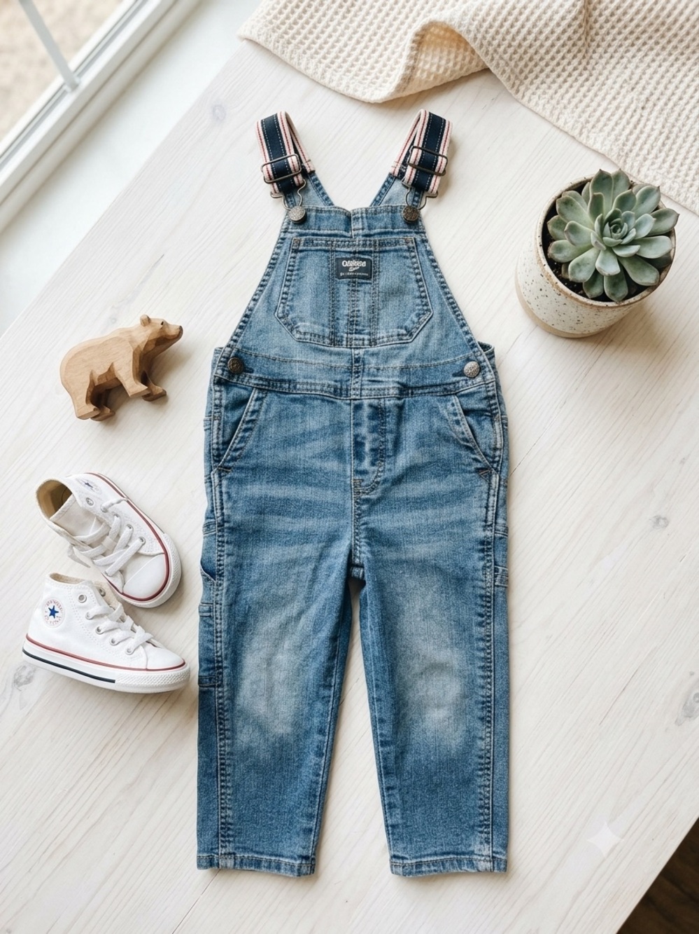 OshKosh B'gosh Denim Blue Overalls with Navy & Pink Striped Straps 3T